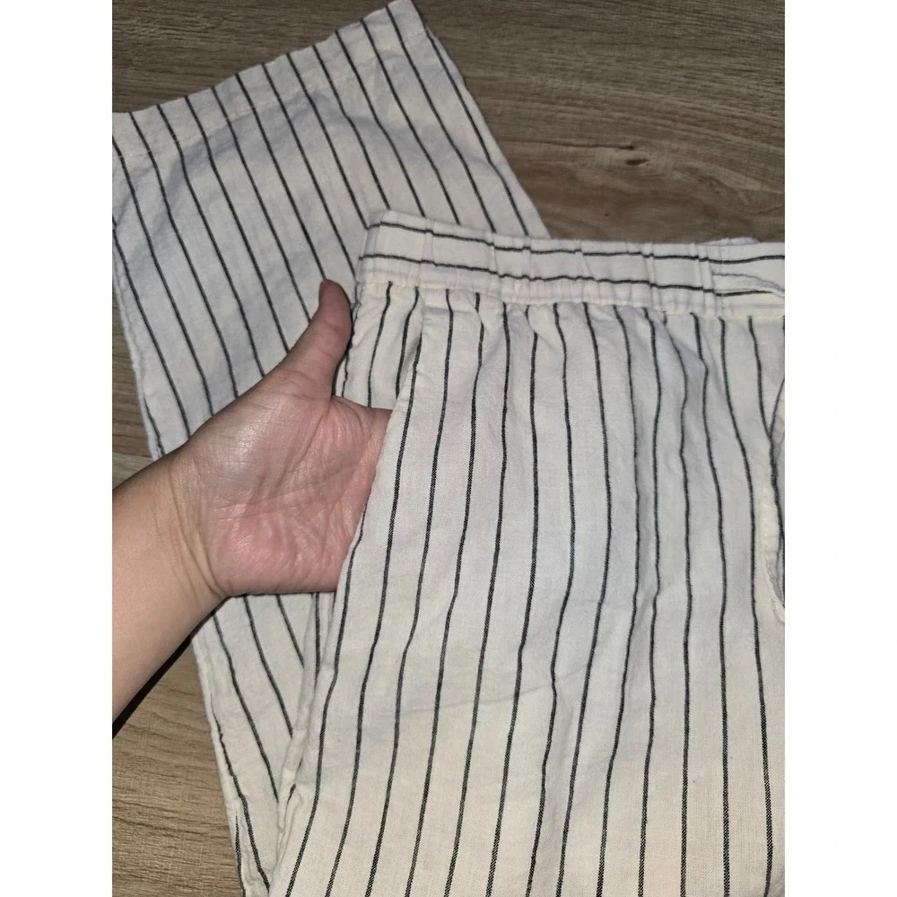 H&M Women's Pants Size M White Black Striped Linen Cotton Drawstring